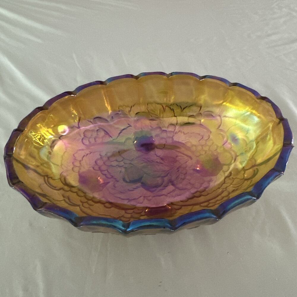 Vintage Amber Carnival Glass Oval Harvest Pattern Fruit Bowl 12” Wide